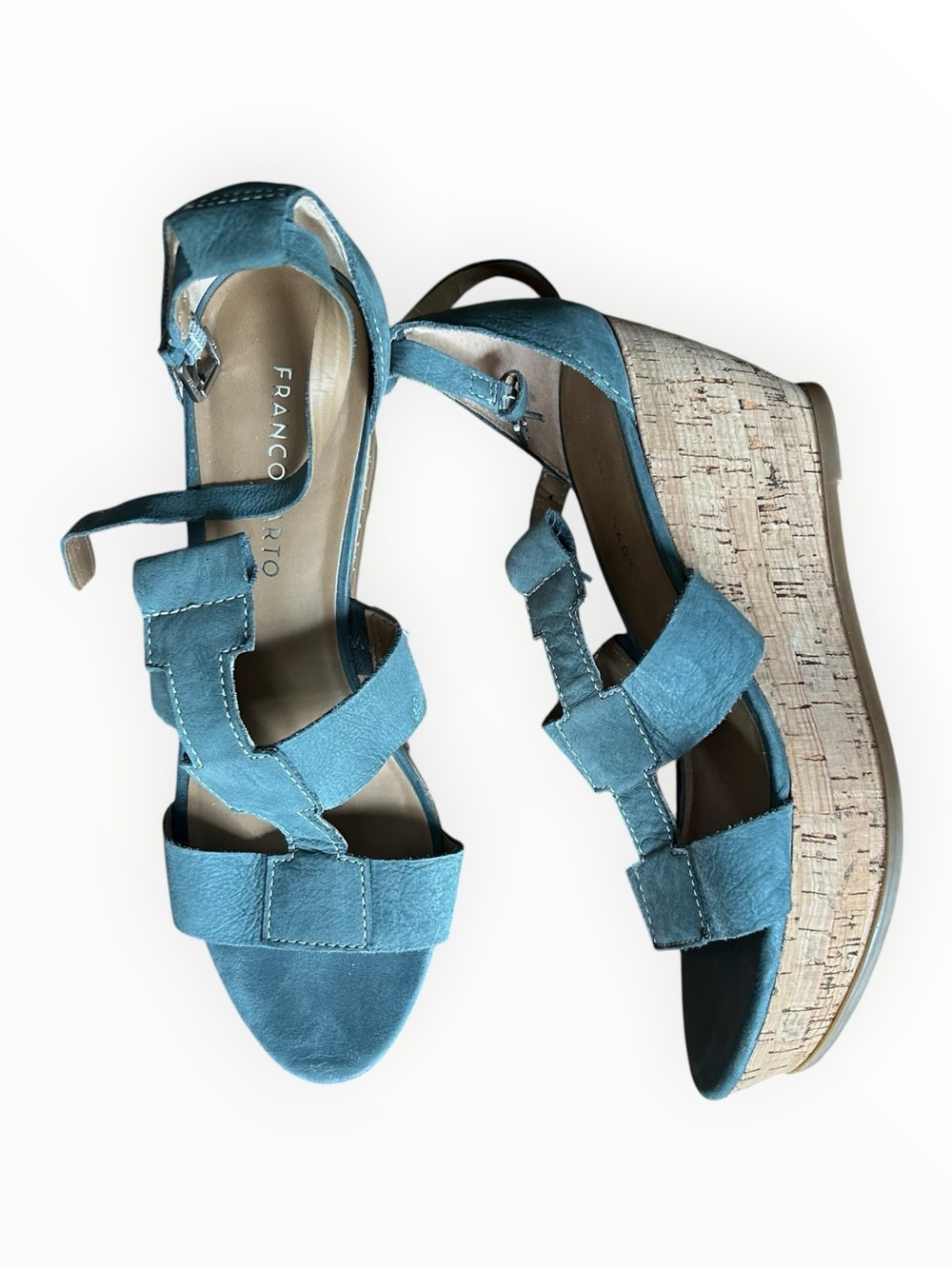 Franco Sarto Falco Blue Leather Cork Platform Sandals Size 8.5 Ankle Strap